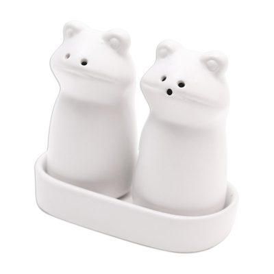 Fanciful Frogs in White,'Matte White Ceramic Frog Salt and Pepper Shakers with Tray'