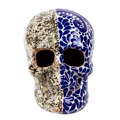 Skull Dichotomy,'Handmade Talavera Style Two-Sided Skull Sculpture'