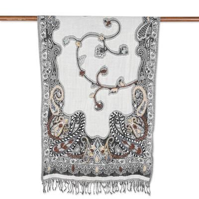 Misty Glory,'Hand-Embroidered Wool Shawl with Grey Paisley Details'