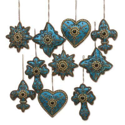 Teal Joy,'Teal Hand Crafted Beaded Ornaments from India (Set of 10)'