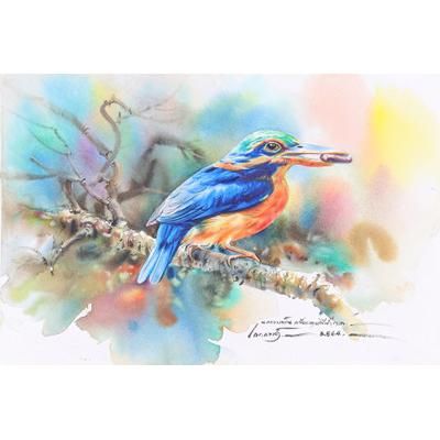 'Watercolor Painting of Rufous-Collared Kingfisher Bird'