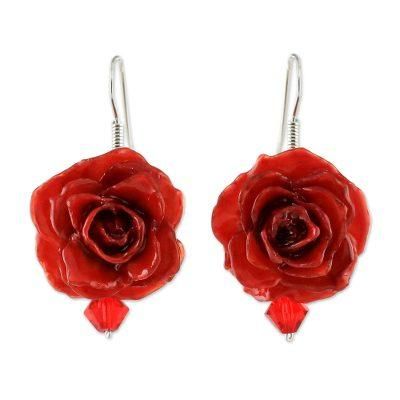 Floral Temptation in Red,'Natural Rose Dangle Earrings in Red from Thailand'