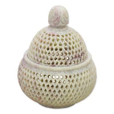 'Lattice Lace' (large) - Handcrafted Jali Soapstone Beige Jar and Bottle