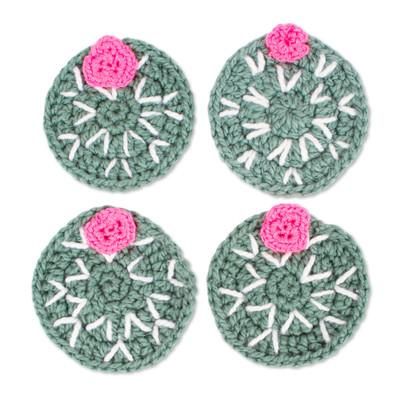Nopal,'Cactus Motif Crocheted Coasters (Set of 4)'
