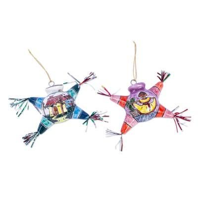 Cheerful Piñatas,'Two Hand Painted Ceramic Piñata Ornaments from Mexico'