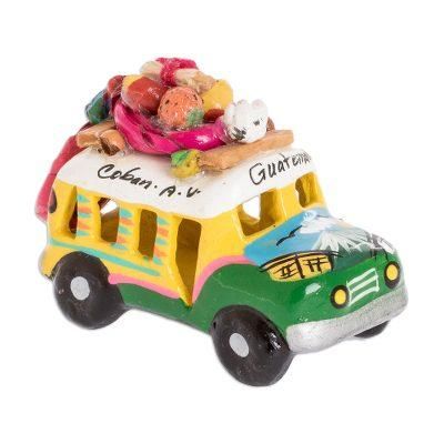 Green and Yellow Old Time Bus,'Yellow and Green Ceramic Bus Figurine from Guatemala'