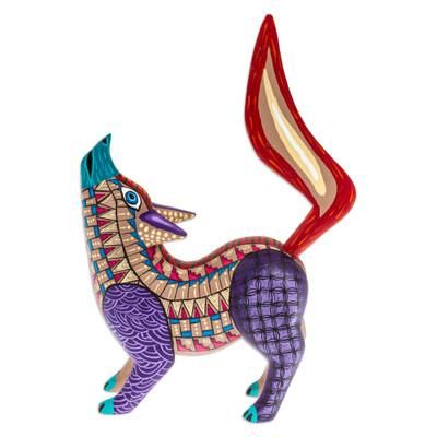 Wolf Call,'Hand-Painted Copal Wood Alebrije Figurine of Purple Wolf'