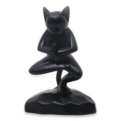 Wood sculpture, 'Vrkasana Black Cat'