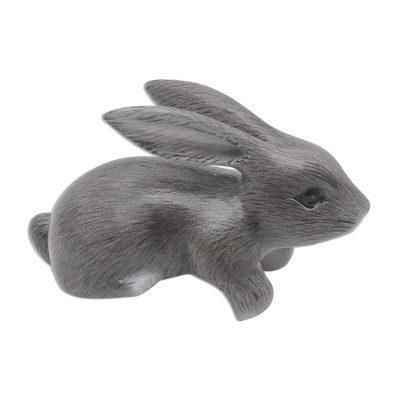 Curious Rabbit in Grey,'Hand Carved Wood Bunny Statuette in Grey'