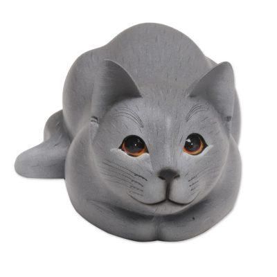'Hand-Carved Resting Wood Cat Sculpture in Grey from Bali'