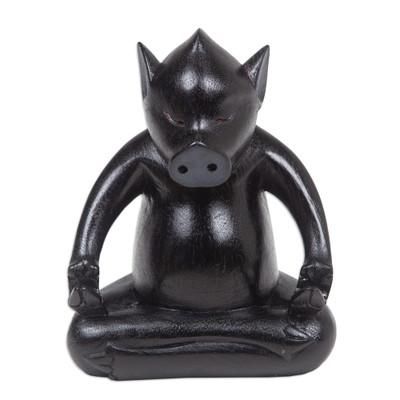 Gentle Master at Night,'Handmade Black Suar Wood Pig Statuette from Bali'