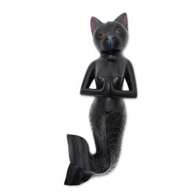 Black Mermaid Cat,'Black Suar Wood Mermaid Cat Wall Sculpture from Bali'