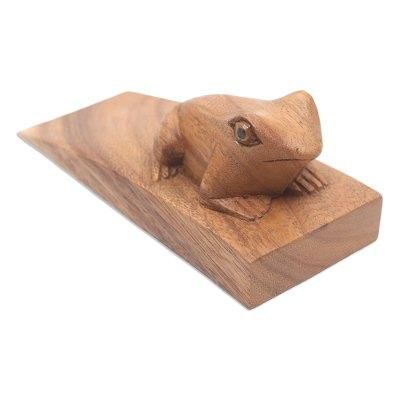 Helpful Toad in Brown,'Handcrafted Suar Wood Frog Doorstop in Brown from Bali'