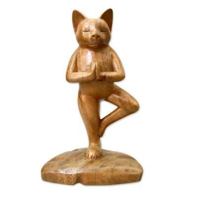 Wood sculpture, 'Tree Pose Yoga Cat' - Original Wood Statuette