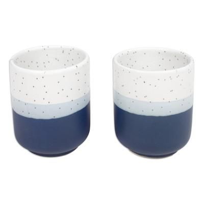 Snowy Midnight,'Set of 2 Speckled Ceramic Cups in Blue and White Hues'