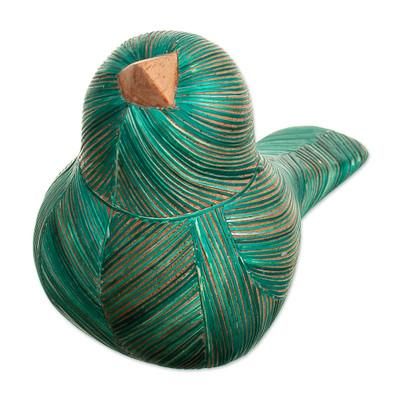 Green Plumage,'Handmade Cedar Wood and Natural Fiber Bird Figurine in Green'