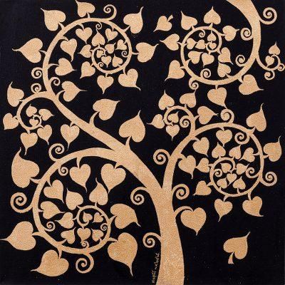 Golden Bodhi Purity,'Traditional Art Gold on Black Buddhism Painting Thailand'