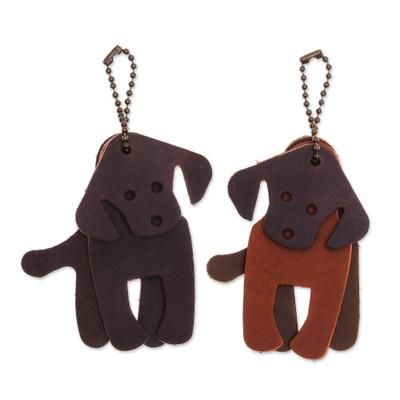 'Set of Two Dog-Themed Leather Keychains in Brown Hues'