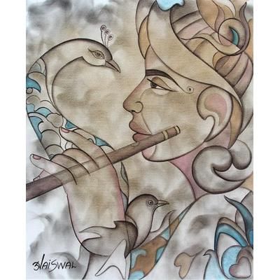 'Krishna the Musician' Original Signed Painting of Krishna with a Peacock