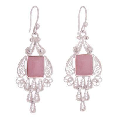 Pink Tulip,'Handcrafted Fine Silver and Rose Quartz Dangle Earrings'