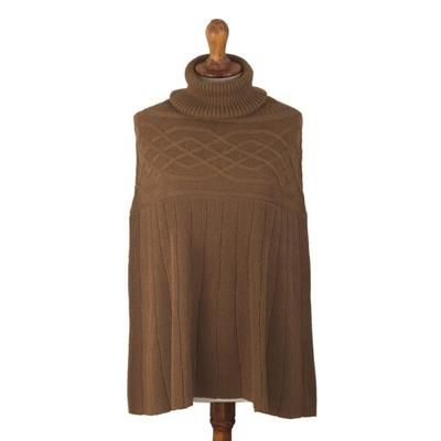 Natural Sepia,'Braided Detail Brown Alpaca Blend Poncho from Peru'