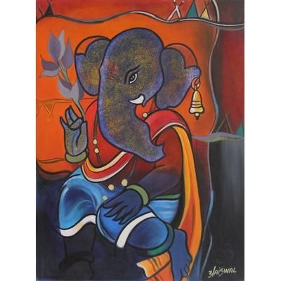 'Peaceful Ganesha' Hinduism Deity Ganesha Vinayak Painting Signed India Arts
