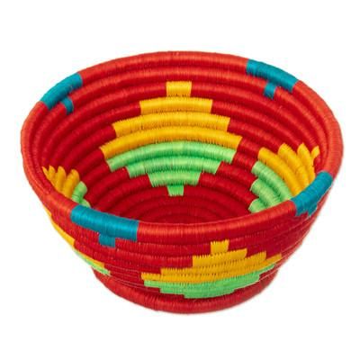 Guacamayas Summer,'Red Natural Fiber Decorative Bowl with Geometric Motifs'