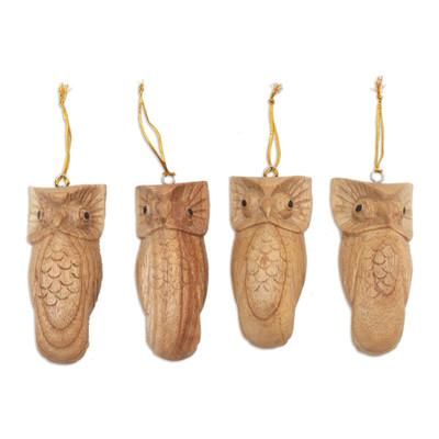 'Set of 4 Hand-Carved Jempinis Wood Owl Ornaments from Bali'