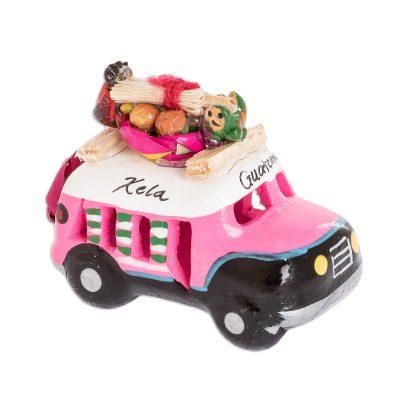 Pink Old Time Bus,'2.5 Inch Pink Ceramic Mini Bus Figurine from Guatemala'