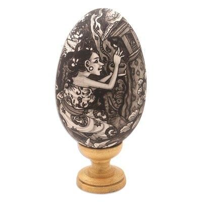 Praying Ladies,'Hand-Painted Wood Egg Sculpture with Hindu Theme'