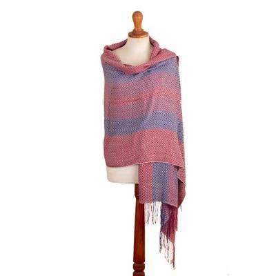 Striped Joy,'Knit Baby Alpaca Blend Striped Shawl in Red Wine and Blue'