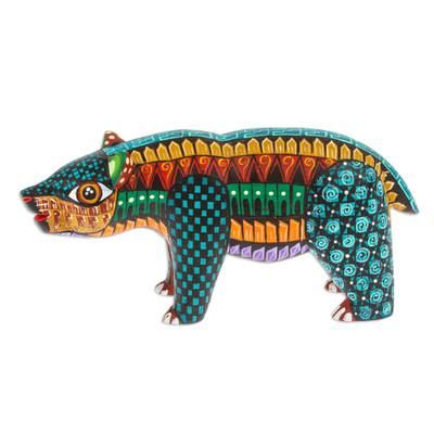 The Noble Master in Dreams,'Handmade Geometric Vibrant Copal Wood Bear Alebrije Figurine'