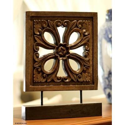 Wood sculpture, 'Floral Square' - Thai Wood Sculpture