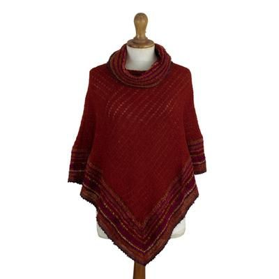 'Knit & Hand-Woven Baby Alpaca Blend Poncho in Red from Peru'