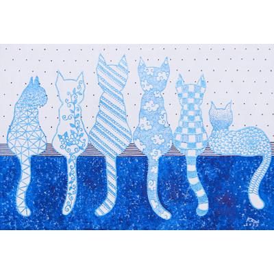 'Whimsical Cat-Themed Acrylic Painting in Blue and White'