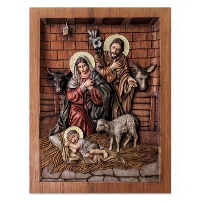 In a Stable in Bethlehem,'Artisan Crafted Cedar Wood Nativity Scene Relief Sculpture'