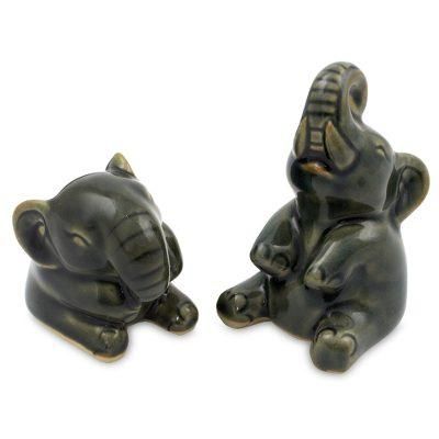 Celadon ceramic statuettes, 'Happy Dark Green Elephants' (pair)