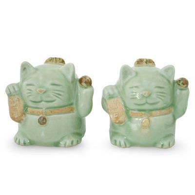 'Fortune Cats' (pair) - Handcrafted Celadon Ceramic Sculptures
