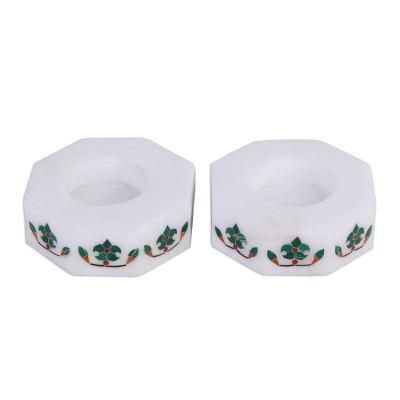 Floral Alliance in Green,'Octagon Marble Tealight Holder with Green Buds (Pair)'