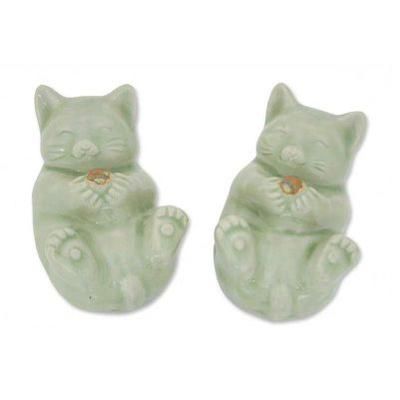 'Playful Kitties' (pair) - Celadon Ceramic Cat Statuettes