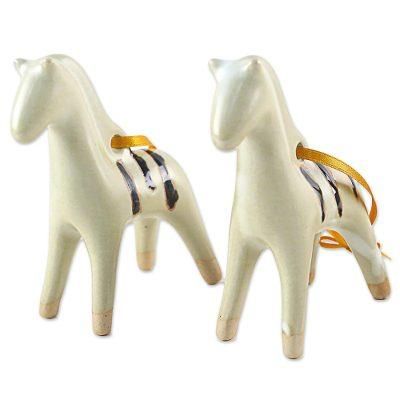 Poised Pony,'Handmade Thai Celadon Ceramic Horse Ornaments (Pair)'