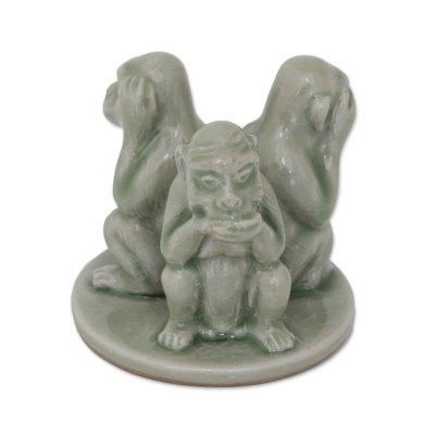 'Green Monkeys Shun Evil' - Artisan Crafted Ceramic Monkey Sculpture