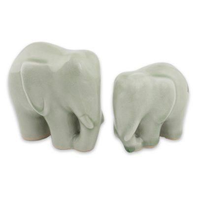 Celadon ceramic figurines, 'Elephant Bond in Light Green' (pair)