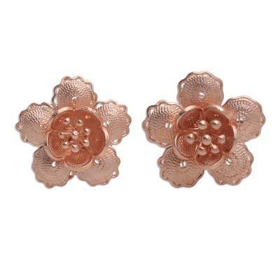 Charming Flowers,'Hand Crafted Rose Gold Plated Flower Button Earrings'