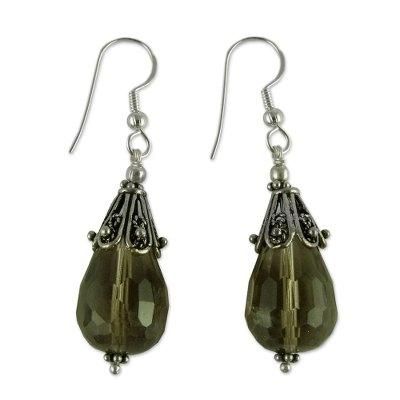 Smoky quartz dangle earrings, 'Rajasthan Melody'