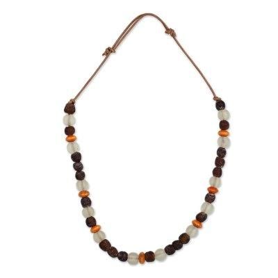Wood and recycled glass beaded necklace, 'A Good Lady'