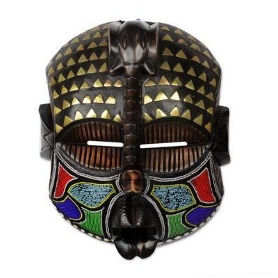Akyiglinyi,'Elephant Themed Wood Mask with Brass and Glass Beads'