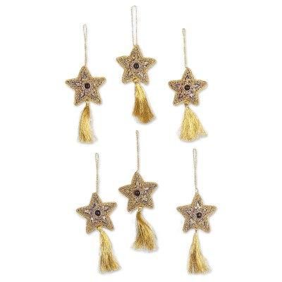 Purple Song,'Glass Beaded Star Ornaments from India (Set of 6)'