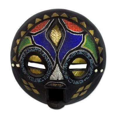 Zambian wood mask, 'My Bride' - Hand Beaded Wood Mask