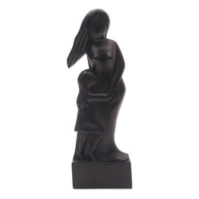 Mother and Daughter in Black,'Hand Carved Black Wood Sculpture of Mother and Daughter'